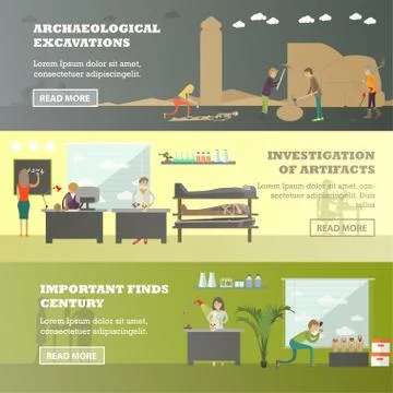 Vector set of archaeological horizontal banners in flat style Stock Illustration
