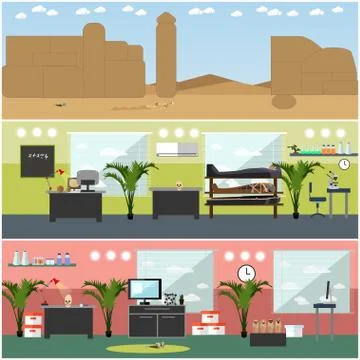 Vector set of archaeological site, laboratory interior concept design elements Illustrazione stock