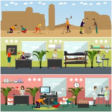 Vector set of archaeologists concept posters, banners, flat style Stock Illustration