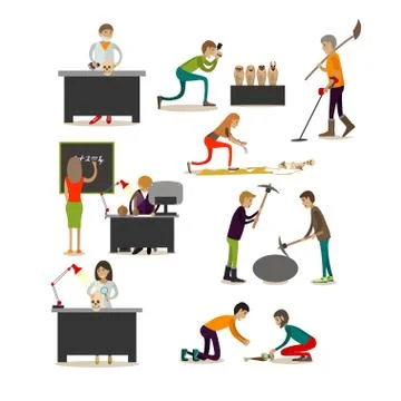 Vector set of archaeologists engaged in research, excavations, flat style Stock Illustration