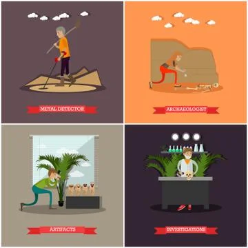 Vector set of archaeology concept posters in flat style Stock Illustration