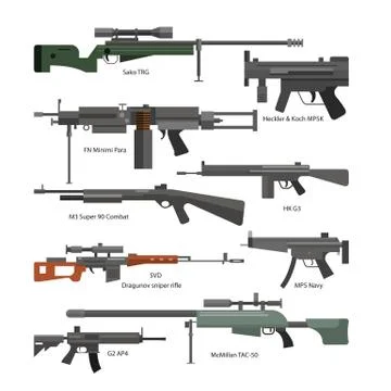Vector set of army combat weapons. Icons isolated on white background. Gun Stockillustratie