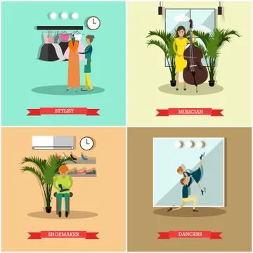 Vector set of art and crafts professionals flat posters Stock Illustration