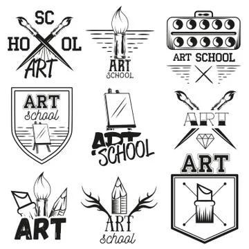 Vector set art studio labels in vintage style. School of arts design elements Stock Illustration
