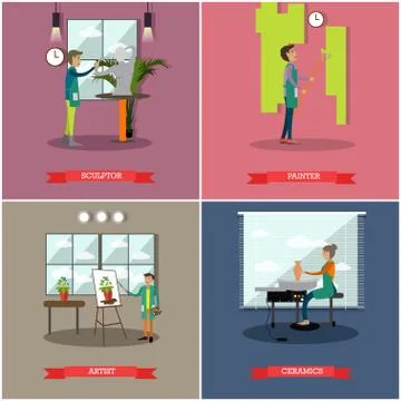 Vector set of arts and crafts professionals flat posters Stock Illustration
