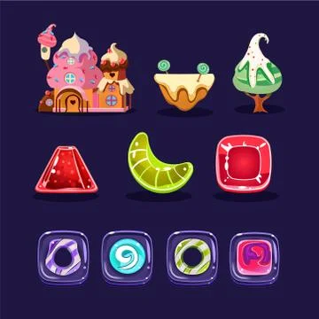 Vector set of assets for mobile/computer game. Cute gingerbread house, caramel Illustrazione stock