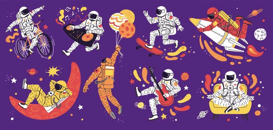 Vector set with astronauts sitting in lotus position, flying on a rocket and Stock Illustration
