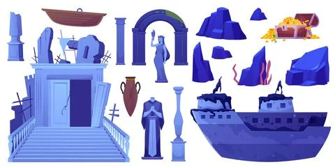 Vector set "Atlantis" with a sunken ship, a chest of gold and jewelry and a s Illustrazione stock
