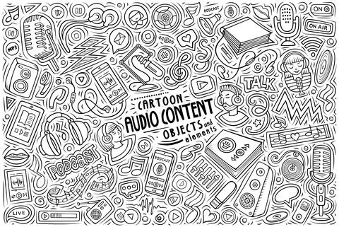 Vector set of Audio content theme objects and symbols Stock Illustration
