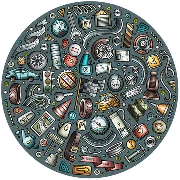 Vector set of Automotive cartoon objects Stock Illustration