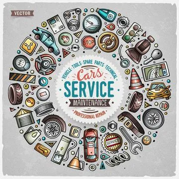 Vector set of Automotive cartoon objects Stock Illustration