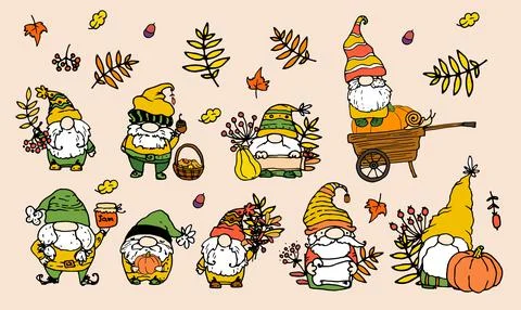 Vector set of autumn gnomes. a collection of hand-drawn dwarfs in doodle style Stock Illustration