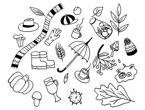 Vector set of autumn illustrations. Autumn set in doodle style Stock Illustration