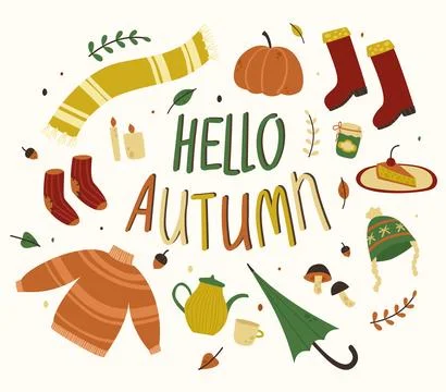 Vector set of autumn items. Isolated design elements Lettering Stock Illustration