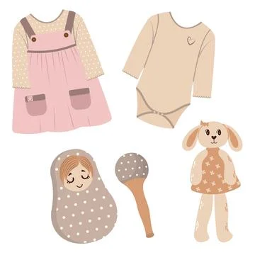 Vector Set of baby clothes and toys Sundress Dress Doll Nevalyashka Marakase Stock Illustration