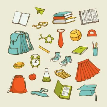 Vector set back to school elements clothes stationery. Various cartoon symbols Stock Illustration