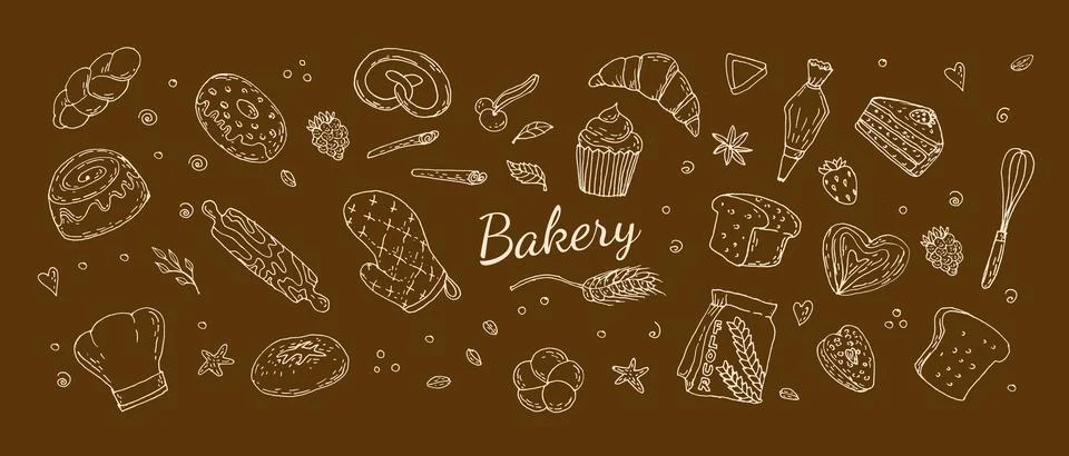Vector set of bakery and kitchen elements on brown background. Stock Illustration