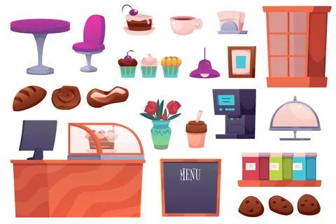 A vector set with bakery icons: showcase with cash register, mug of coffee, c Illustrazione stock