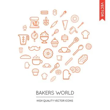 Vector Set of Bakery Modern Flat Thin Icons Inscribed in Round Shape Stock Illustration