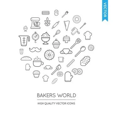 Vector Set of Bakery Modern Flat Thin Icons Inscribed in Round Shape Stock Illustration
