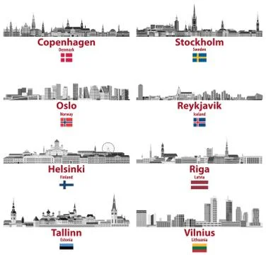 Vector set of Baltic and Scandinavian countries' cities skylines: Copenhagen, St Illustrazione stock