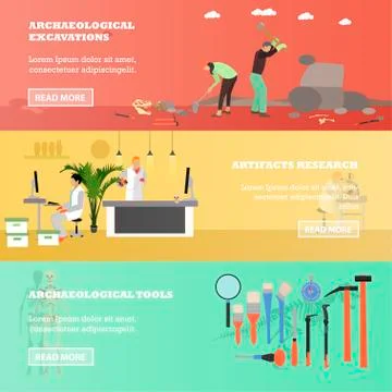 Vector set of banners with archaeological excavation, artifacts research concept Illustrazione stock