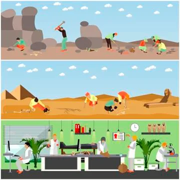 Vector set of banners with archaeological excavation and laboratory concept Stock Illustration