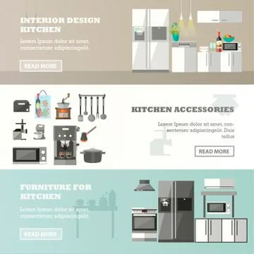 Vector set of banners with kitchen interior, accessories and furniture Stock Illustration