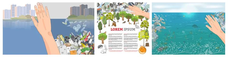 Vector set of banners with plastic garbage and straws on the ocean and mountains Stock Illustration