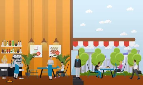 Vector set of banners with restaurant interiors. Bar and street cafe in flat Stock Illustration