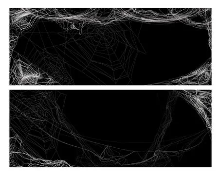 Vector set of banners with spider web frames on black background. Illustrazione stock