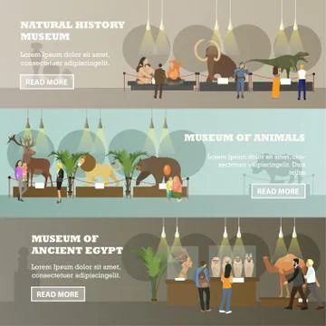 Vector set of banners with various museum expositions, flat style Stock Illustration