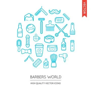 Vector Set of Barber Shop Modern Flat Thin Icons Inscribed in Round Shape Stock Illustration