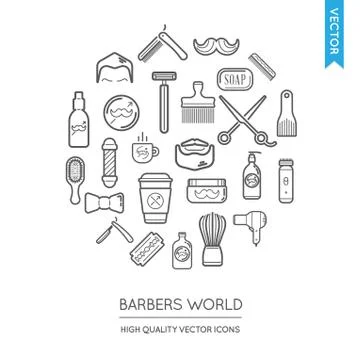 Vector Set of Barber Shop Modern Flat Thin Icons Inscribed in Round Shape Stock Illustration