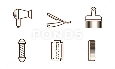 Vector set of barbershop objects. Hair dryer, blade, comb, manual razor and Stock Illustration
