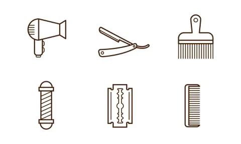 Vector set of barbershop objects. Hair dryer, blade, comb, manual razor and Stock Illustration