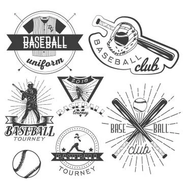 Vector set of baseball labels in vintage style. Sport concept. Bat and ball Illustrazione stock