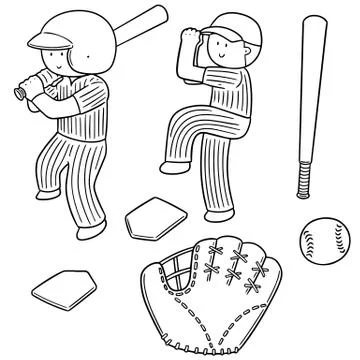 Vector set of baseball player and baseball equipment Stock Illustration