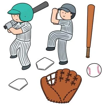 Vector set of baseball player and baseball equipment Stock Illustration