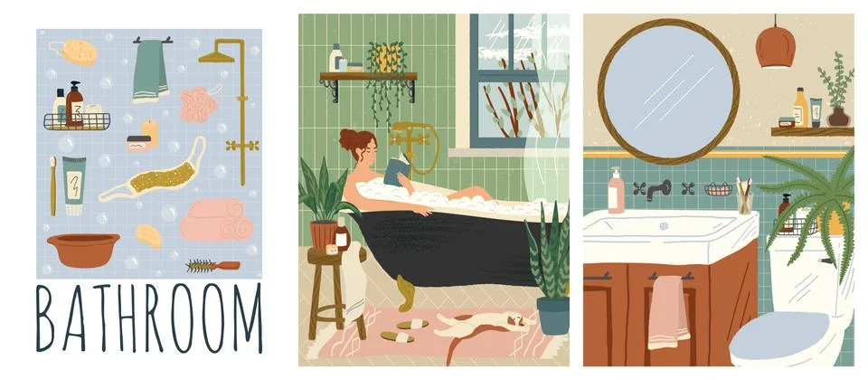 Vector set of bathroom interiors hand drawn illustrations. Woman reading book Stock Illustration
