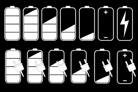 Vector set battery level indicator, white Outline isolated on black Stock Illustration