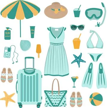 Vector set of beach accessories and clothing in blue and yellow tones Stock Illustration