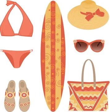 Vector set of beach accessories from surfboard, swimsuit, sunglasses, sandals Stock Illustration