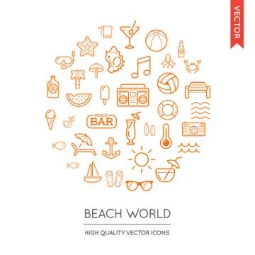 Vector Set of Beach Modern Flat Thin Icons Inscribed in Round Shape Stock Illustration