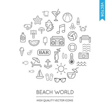 Vector Set of Beach Modern Flat Thin Icons Inscribed in Round Shape Stock Illustration