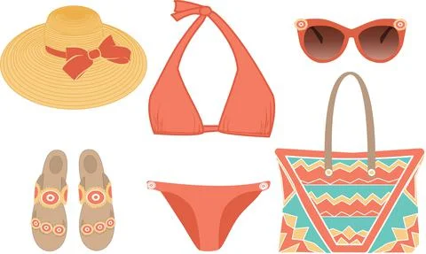 Vector set of beachwear, including  bikini swimsuit, sandals, hat, bag, sungl Stock Illustration