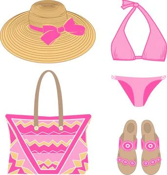 Vector set of beachwear, including bikini swimsuit, sandals, hat, bag Stock Illustration