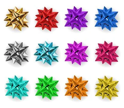 Vector set of beautiful big colorful bow made of shiny ribbons with shadows Stock Illustration