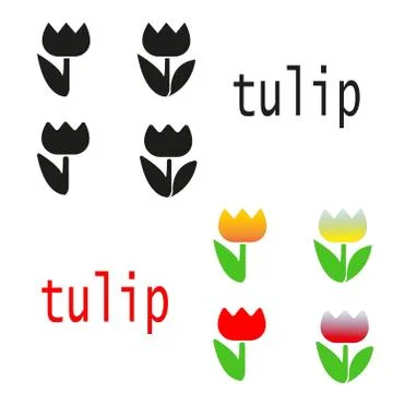Vector set of beautiful black and color silhouettes flowers tulips. Illustrat Stock Illustration