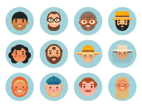 Vector set beautiful emoticons face of people smiling avatars happy characters Stock Illustration